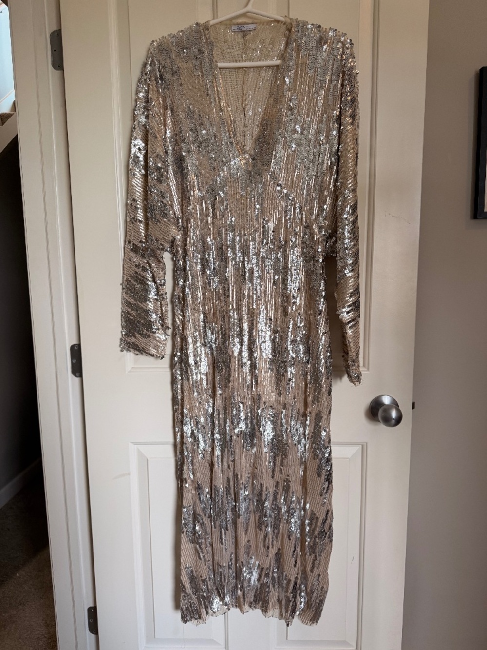Zara Nude and Silver Sequin Long-Sleeve Dress